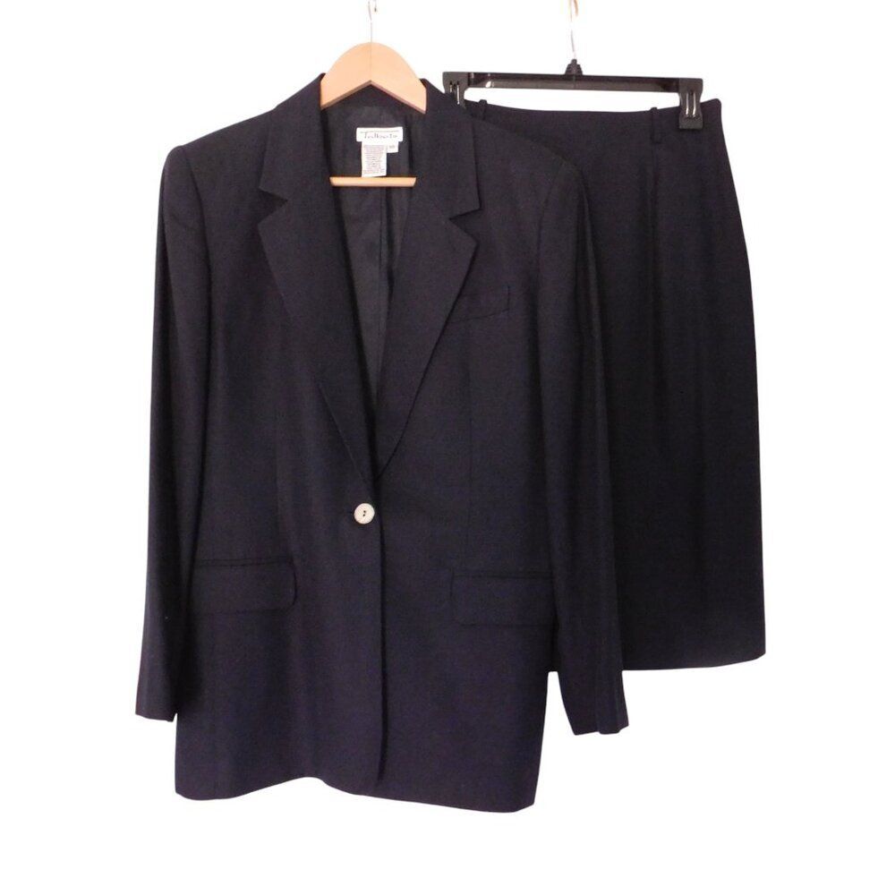 Vintage Talbots Womens Linen Blend Two Piece Skirt Blazer Outfit Sz 4 Navy Blue‎
